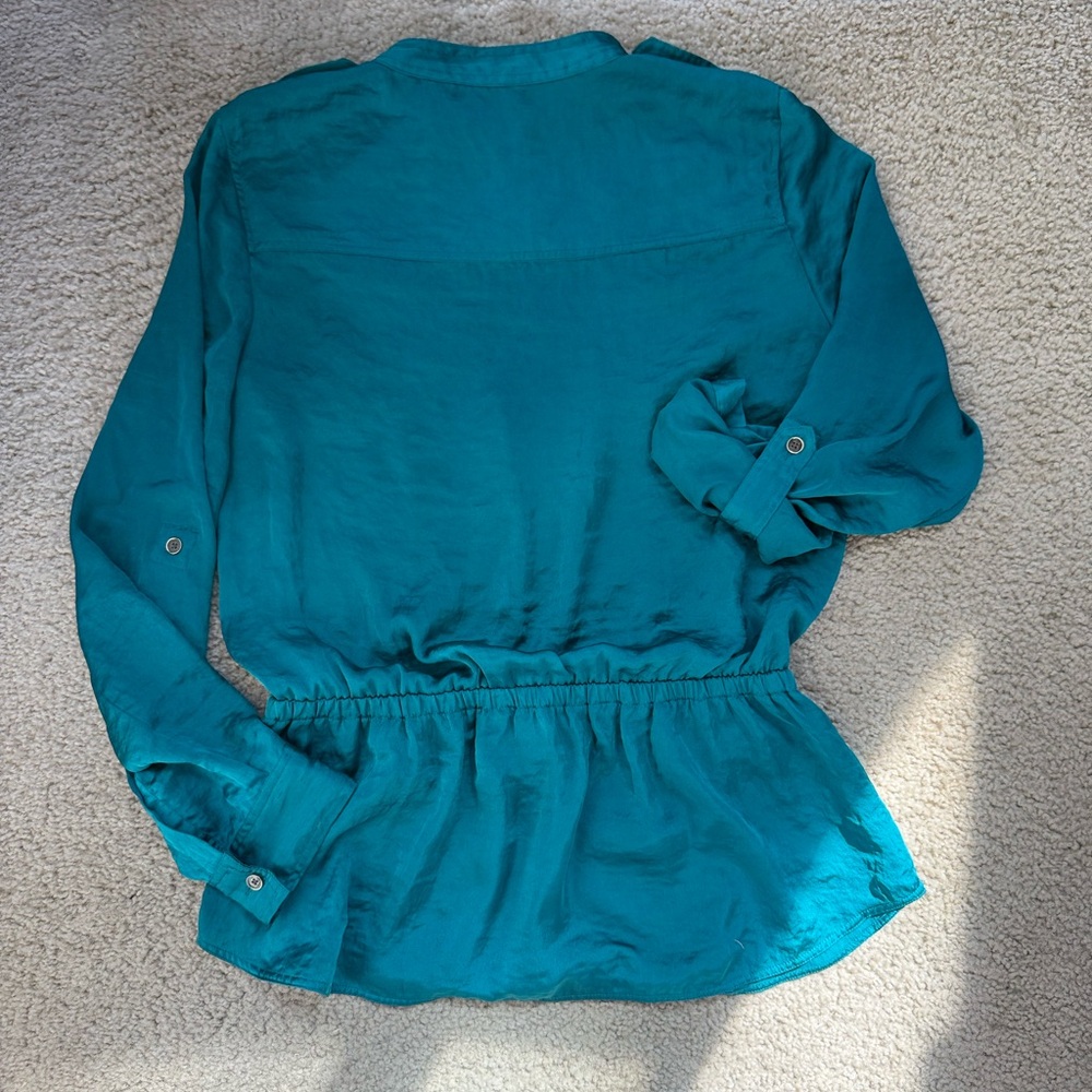 Michael Kors Blue-Green Teal Button Up Utility Shirt Top | Vintage Sheer Blouse - Picture 8 of 13
